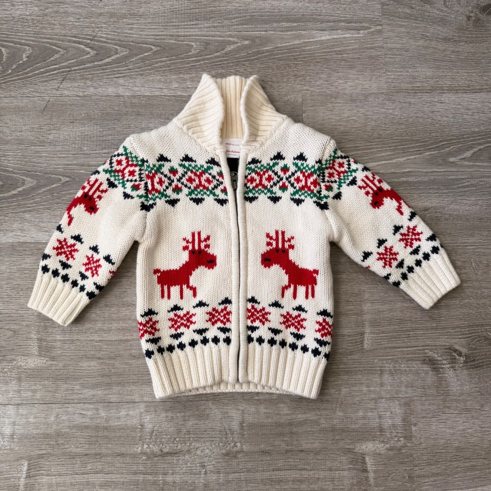 Hanna Andersson Kids Fair Isle Reindeer Zip Up Cardigan Sweater White US 2